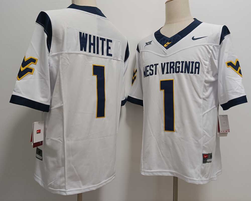 Mens West Virginia Mountaineers #1 Jahiem White White FUSE College Stitched Jersey